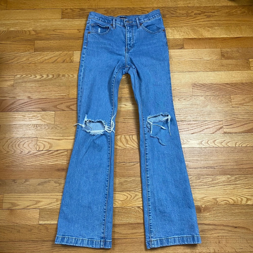 Express Bootcut Jeans Womens 4R Blue Mid Rise Distressed Ripped Knee Y2K‎ Boho